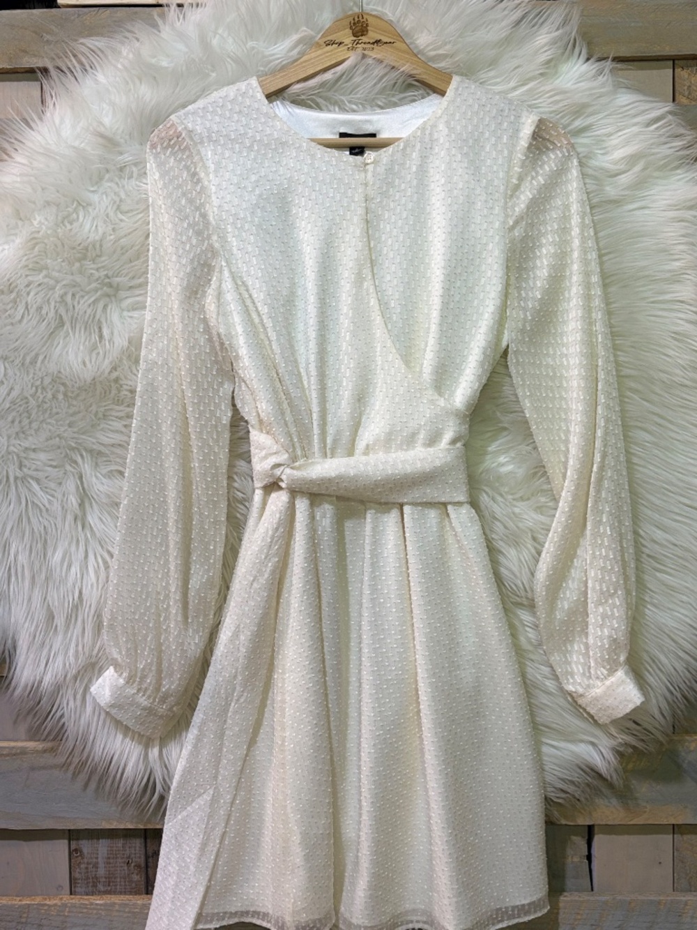 NWT [Ann Taylor] Long Sleeve Ivory Chiffon Cocktail Mini Belted Wrap Dress | 4